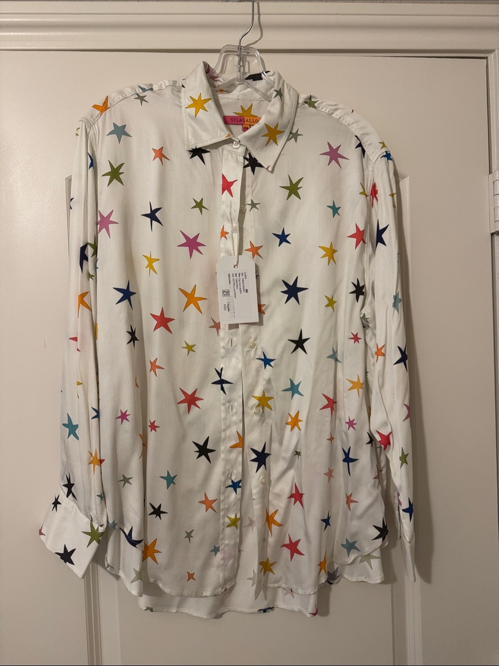 Vilagallo White Button-Up Blouse with Multicolor Star Print